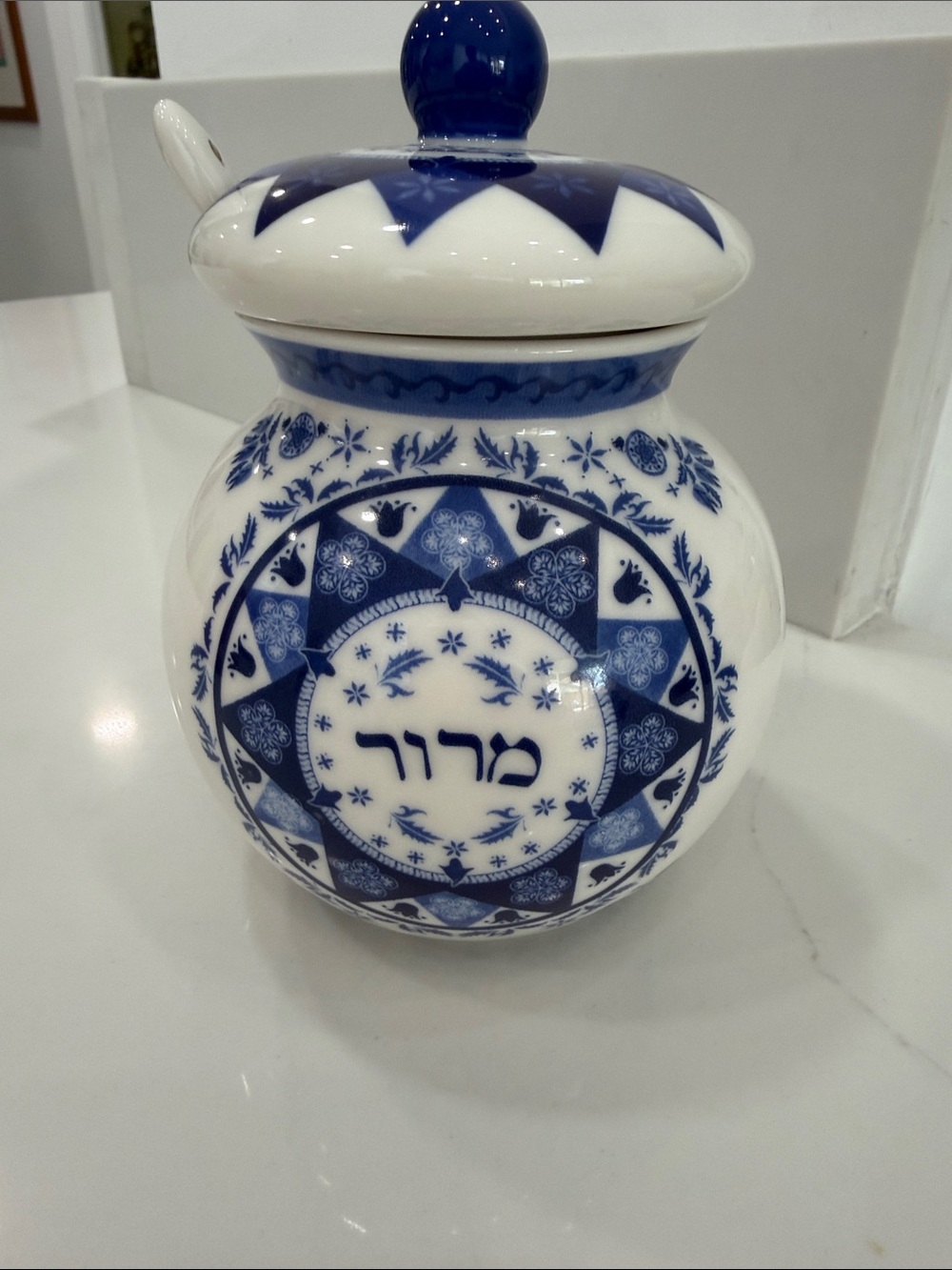 Blue and White Ceramic Honey Jar with Lid and Spoon